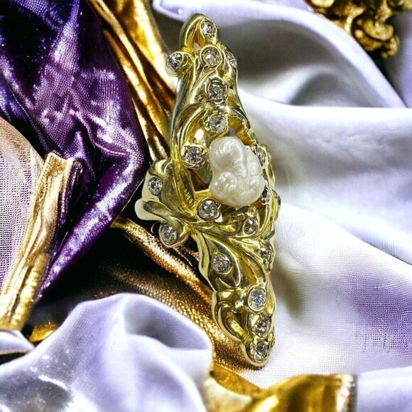 14k Gold Antique Diamond Baroque Pearl Ring Size 6.5 Victorian Art Nouveau 9.9g - Picture 5 of 16
